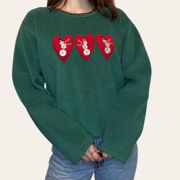 Vintage Fleece Pullover Christmas Snowman Button Embroidered Sweatshirt Crewneck - Picture 4 of 8